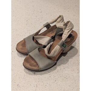 El Naturalista Block Heeled Sandals Ankle Strap Tan Fabric Green Leather  37 / 7